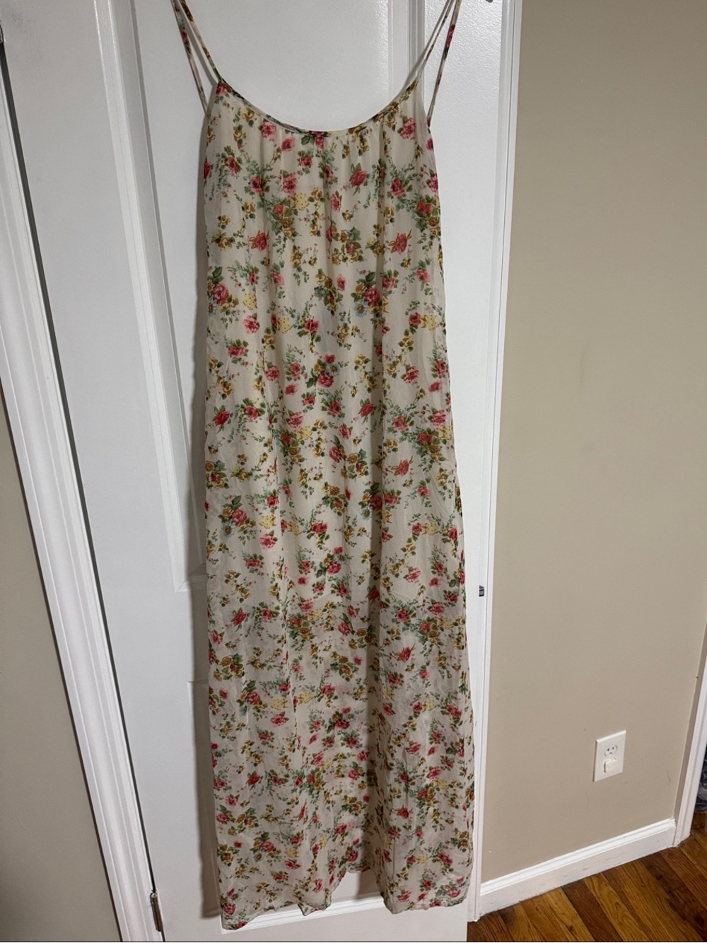 Mango Cream Floral Maxi Slip Dress with Pink and Green Print